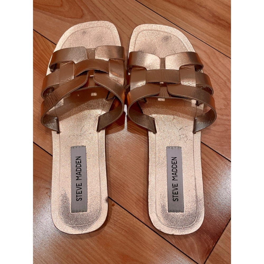 Steve Madden Women's Sicily Woven Leather Slide Sandals Rose Gold Size 6.5